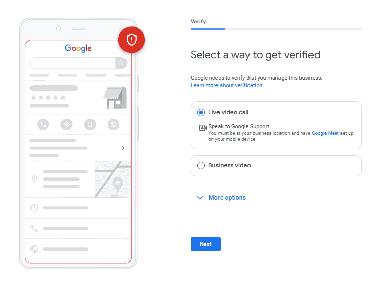Google Business live video verification option