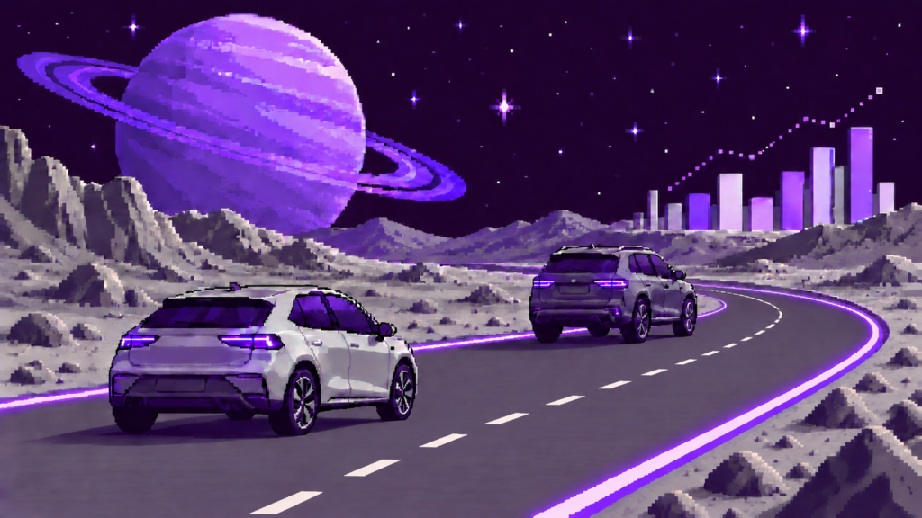 Purple and grey pixel-art cars on a lunar road beside an abstract bar chart.