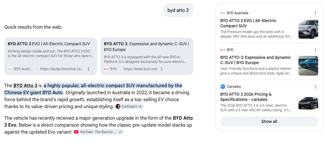 BYD Atto 3 answer showing BYD Australia and BYD Europe source cards together.