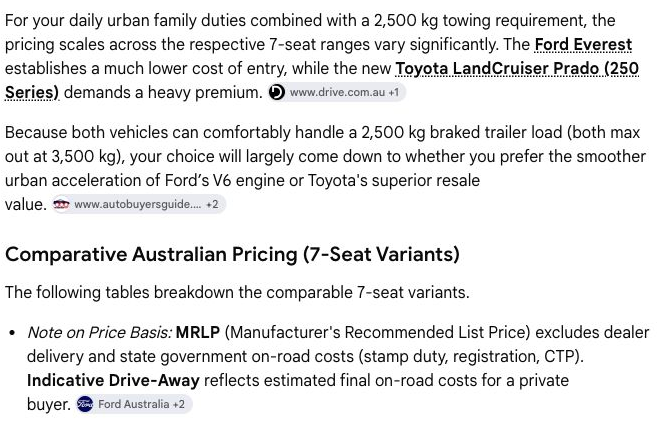 After the researcher supplies seven seats and a 2,500 kg trailer, Google reframes the Everest and Prado comparison around those requirements.