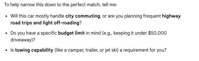Google's Forester follow-up asks about city or highway use, budget and towing requirements.