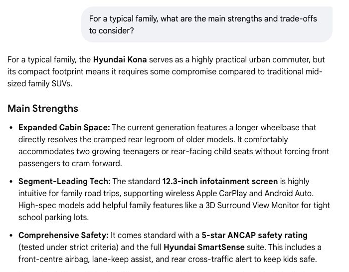 Kona follow-up answer describing comprehensive safety and claiming a five-star ANCAP safety rating.