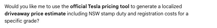 After the researcher selects pricing, AI Mode offers an NSW drive-away estimate for a Tesla grade.