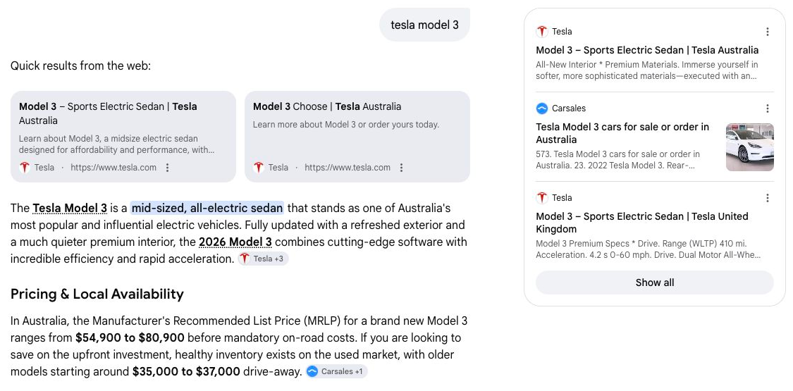 Tesla Model 3 AI Mode answer with Australian pricing and a Tesla United Kingdom citation card.