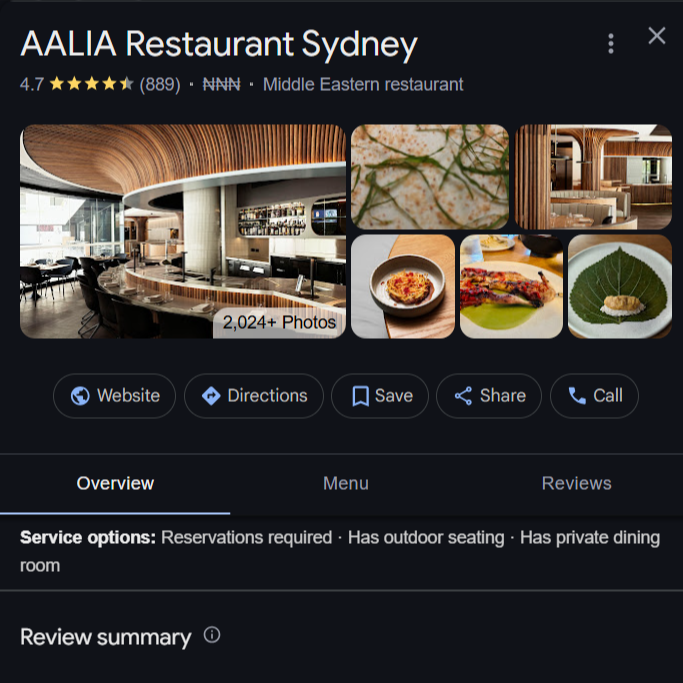 The Complete SEO Checklist 4 Example Google Business Profile for AALIA Restaurant Sydney