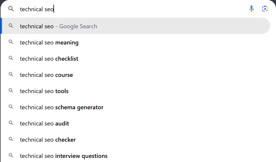 The Complete SEO Checklist 3 Google autocomplete suggestions for technical SEO keyword research
