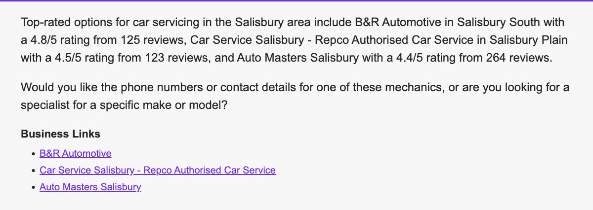 AI Overview text returned for the Salisbury service query
